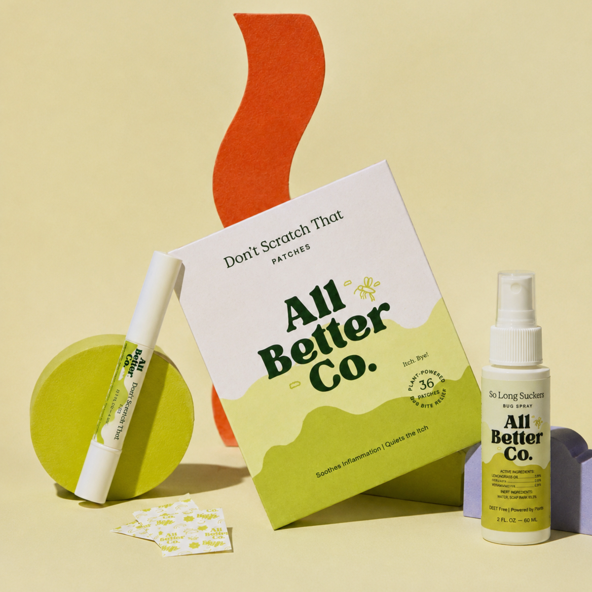 All Better Co. product set including a bottle, patch, and spray on a beige background