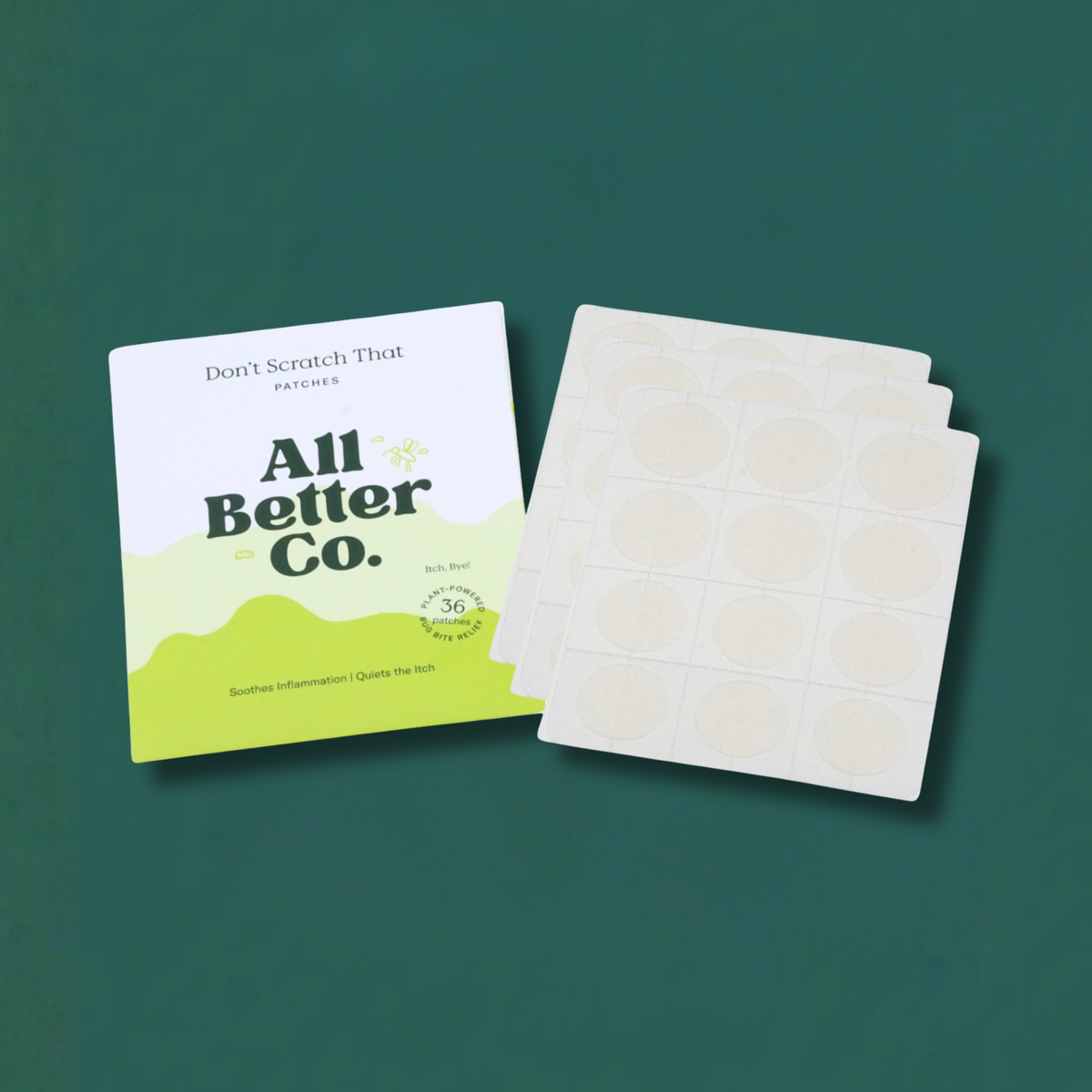 All Better Co. product packaging with patches on a green background