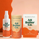 All Better Co. products including a spray bottle, bandages, and ice packs on an orange and beige background.