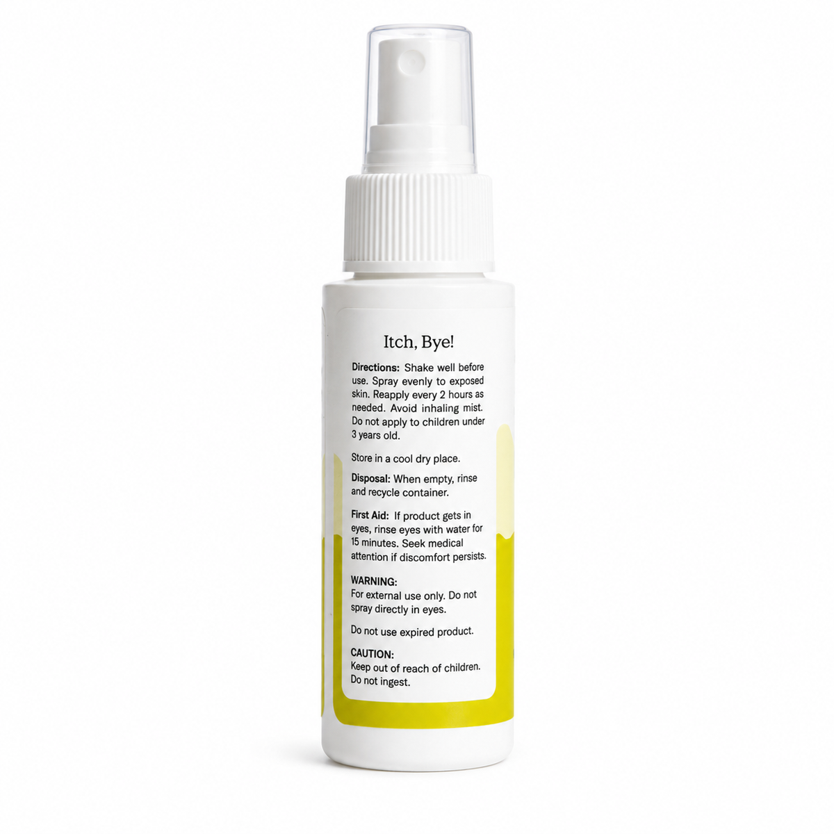 Spray bottle labeled 'Itch, Bye!' with directions and warnings on a white background