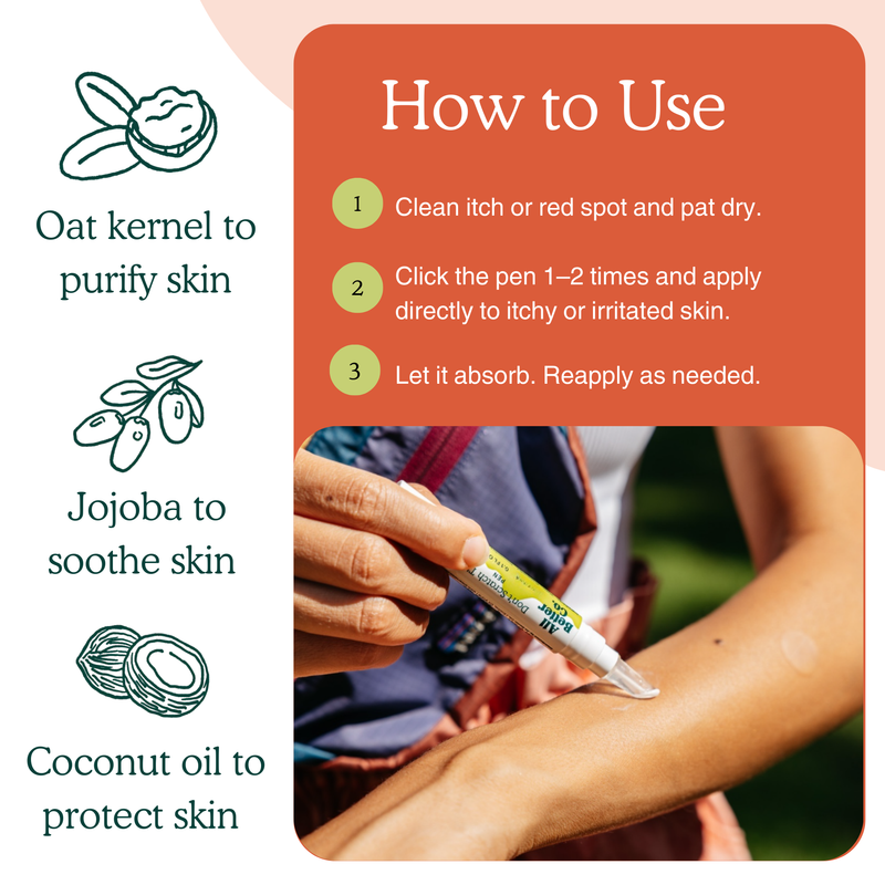 An informational product graphic for a skin care pen. The left side lists benefits with icons: oat kernel to purify skin, jojoba to soothe skin, and coconut oil to protect skin.