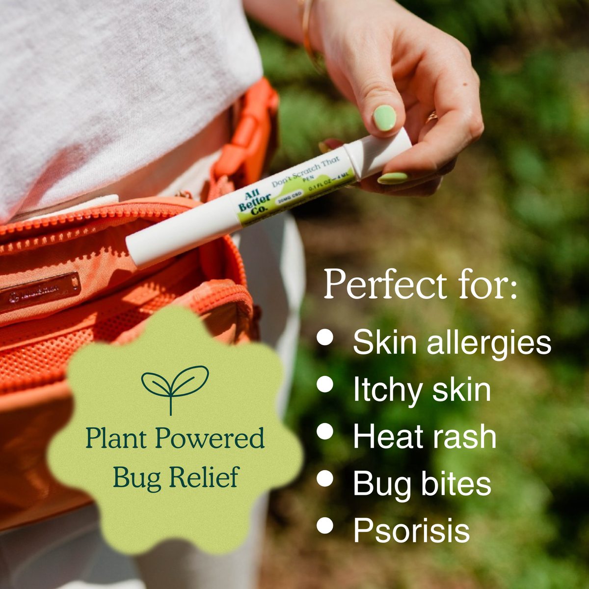A person holding a white and green bug relief stick over an orange waist bag, with text listing uses such as skin allergies, itchy skin, heat rash, bug bites, and psoriasis on a blurred outdoor background.