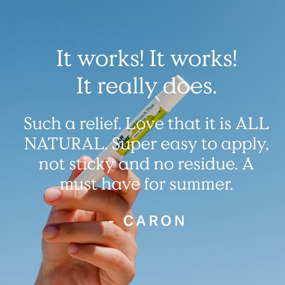 A hand holding a small tube of natural pain relief cream against a clear blue sky background, with large white text overlay praising its effectiveness and natural ingredients.