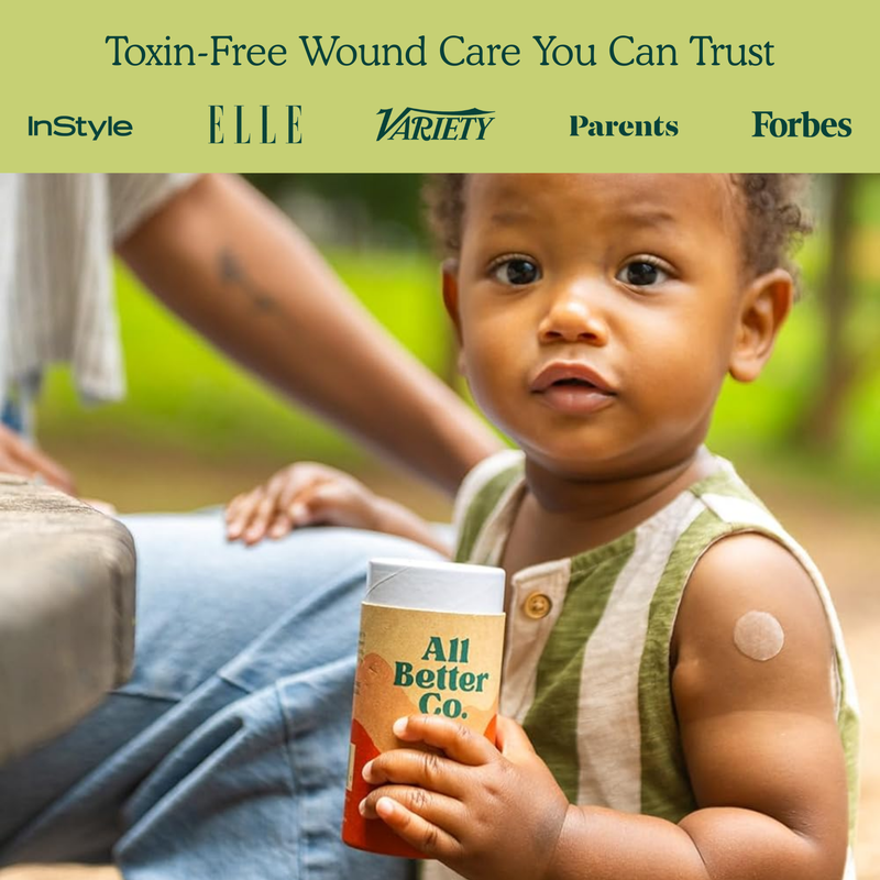 Child holding a product with 'All Better Co.' branding, surrounded by trusted media logos.