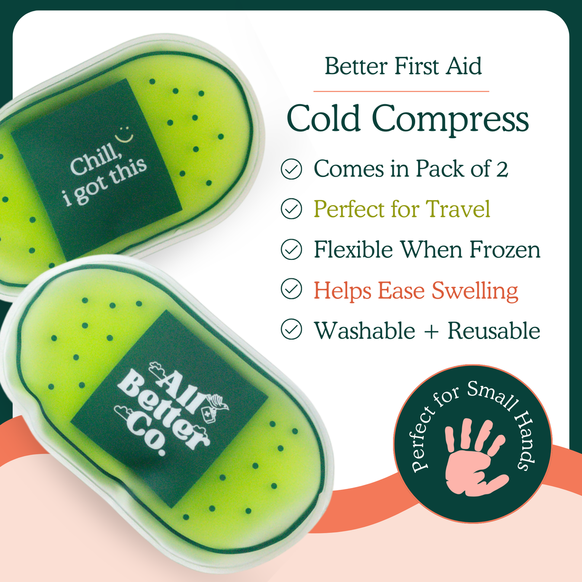 Cold compress packaging with branding and features listed