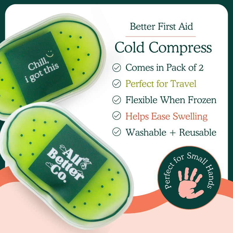 Cold compress packaging with branding and features listed