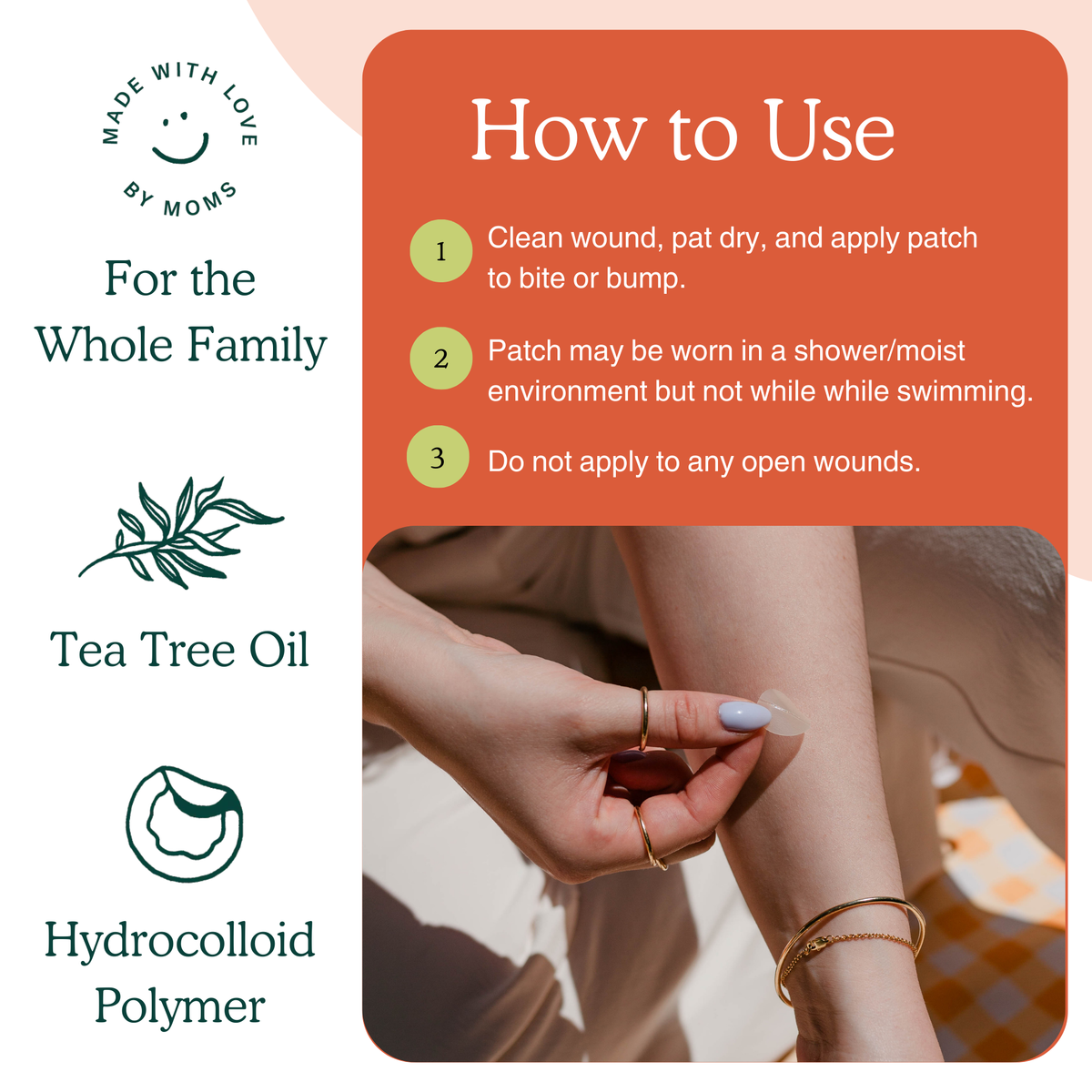 An informational product graphic for a tea tree oil hydrocolloid wound patch. The left side features branding text 'Made with Love by Moms' and 'For the Whole Family' alongside 'Tea Tree Oil' and 'Hydrocolloid Polymer' icons.