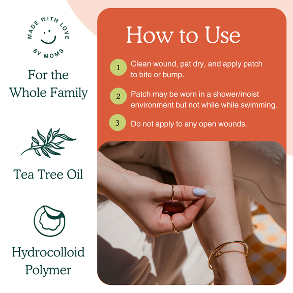 An informational product graphic for a tea tree oil hydrocolloid wound patch. The left side features branding text 'Made with Love by Moms' and 'For the Whole Family' alongside 'Tea Tree Oil' and 'Hydrocolloid Polymer' icons.