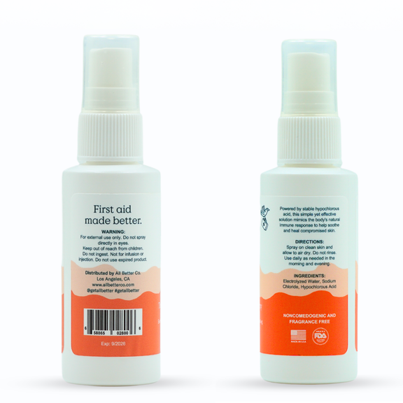 Two white spray bottles of All Better Agriculture First Aid Made Better first aid spray, showing both the front and back labels on a white background.