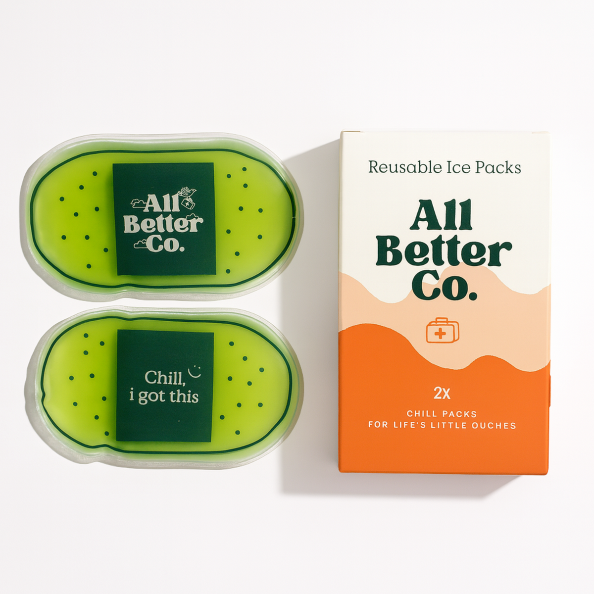 Reusable ice packs with 'All Better Co.' branding on a white background
